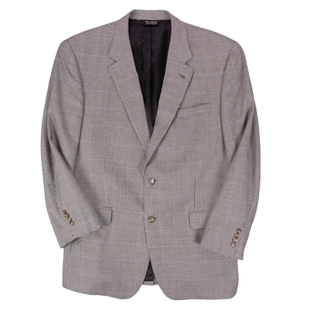 Jos A Bank Sport Coat Mens 46L White Black Silk Wool Houndstooth Blazer Jacket